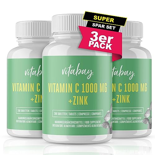 Vitabay Vitamin C Zink Tabletten 600 Vegane Tabletten 1000mg - Vitamin C hochdosiert Zink hochdosiert Vitamin C 1000mg C+ Zink Kapseln Vitamin C Kapseln Zink Vitamin C Tabletten Vitamin C und Zink