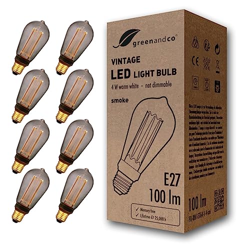 greenandco 8x Vintage Design LED Lampe zur Stimmungsbeleuchtung E27 ST64 Edison Glühbirne 4W 100lm 1800K smoke extra warmweiß 320° 230V flimmerfrei, nicht dimmbar, 2 Jahre Garantie