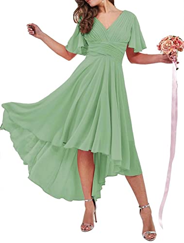 Hohe niedrige Prinzessin Kleid für Frauen V Ausschnitt Schnürung Chiffon Kurze Ärmel Plissee Hochzeit Party Kleider, Dusty Sage, 44