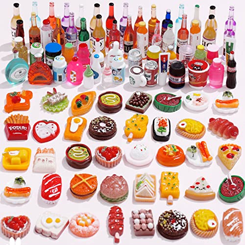 100 Stück Spielharz Mini Essen, Mini Lebensmittel Getränk, Miniatur Lebensmittel, Harz Bierflasche, für Kinder, Heimwerkerbedarf, vorgetäuschte Küchenaccessoires (Zufällige Stile)
