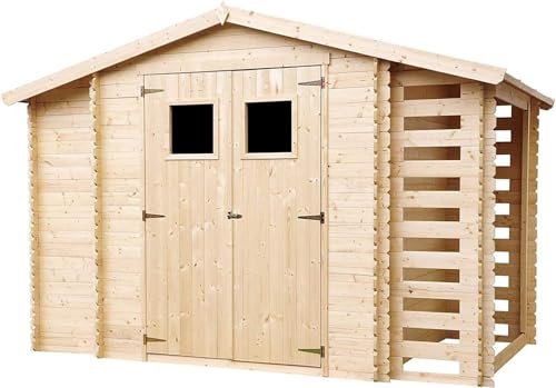 TIMBELA M389 Gartenhütte aus Holz + Kaminholzunterstand- 312 x 200 cm/3,53 m²+0,97 m²+0,97 m²- aus 19 mm Kiefern- / Fichtenholz Blockbohlen