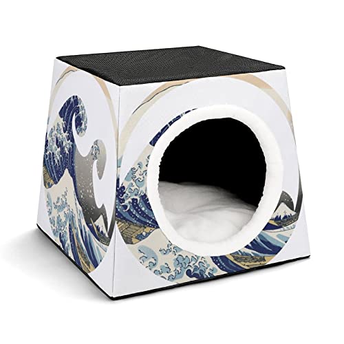 Personalisiertes Katzenhaus Katzenbett Bedruckte Katzenwürfel Katzenhöhle für Kleintiere mit Abnehmbarem Matte Japan-Wellen