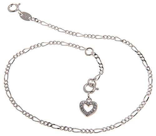Fußkette Silber (Figarokette) mit Anhänger Herz weiß - Breite 2,2mm - Länge 26cm - echt 925 Silber