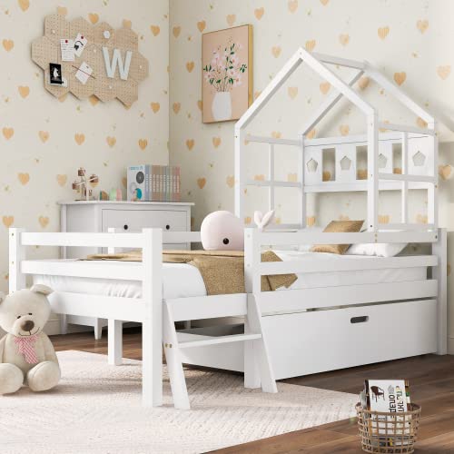 Hausbett Kinderbett mit Leiter und Schubladen, inkl. Lattenrost,Hochbett Massivholz mit Rausfallschutz, Weiß (90x200cm)