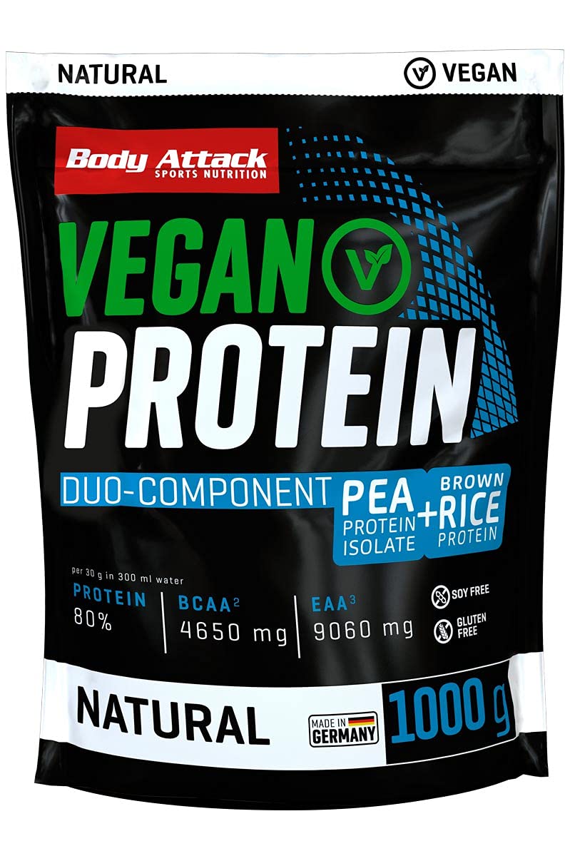 Body Attack Vegan Duo-Component Protein, 1000g, Natural- veganes Protein aus zwei Quellen / 33 Portionen, umweltfreundlicher Zip-Lock Beutel, 9.060mg EAAs & 4.650mg BCAAs, zuckerfrei, Made in Germany