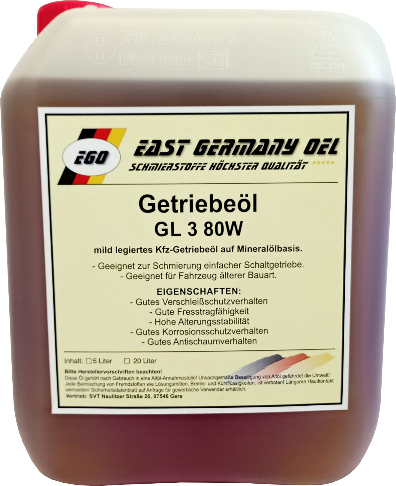 East Germany OIL Getriebeöl GL 3 SAE 80W Kanister 5 Liter