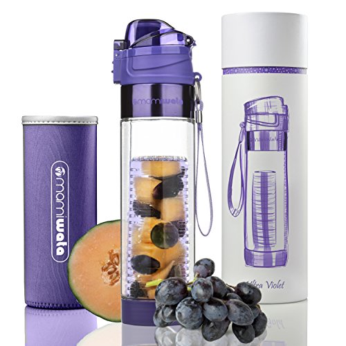 Mami-Wata-Wasserflasche mit Fruchteinsatz - Schöne Geschenk-Box - Einzigartiges stilvolles Design - Rezept-eBook für mit Früchten angereichertes Wasser und Isolierhülle - ca. 700 ml, ultra violet