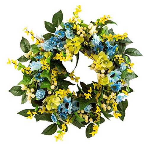 Yeenee Türkranz, künstliche Blumenkranz, für alle Jahreszeiten, für Haustür, Wohnzimmer, Wand, Garten, Hochzeit, Festival, Dekoration (Blau Gelb)