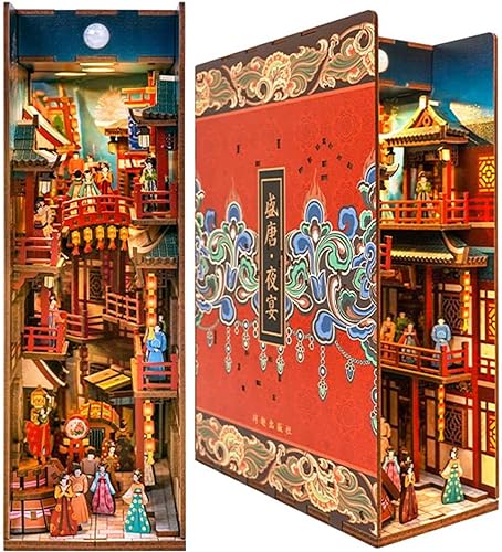 HMLOPX Bildungsmodell Book Nook-Bausatz, DIY-Bücherregal-Einsatz-Dekor mit LED-Licht, 3D-Holzpuzzle-Buchstütze, Booknook-Regal-Bücherregal-Einsatz-Diorama-Dekor (Color : Tang Banquet)