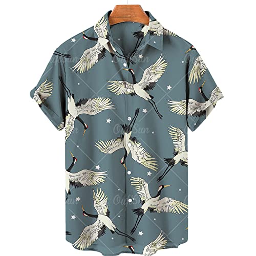 Herren Hawaii Hemd,Beach Casual Hawaii Shirt, Crane Pattern Green Button-Up Shirt, Herren Sommermode Shirt Für Beach Play Und Beach Party,XL