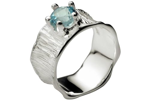 SILBERMOOS Damen Bandring Blautopas Ring mit blauem Topas Lotusblatt-Struktur 925 Sterling Silber, Größe:60 (19.1)