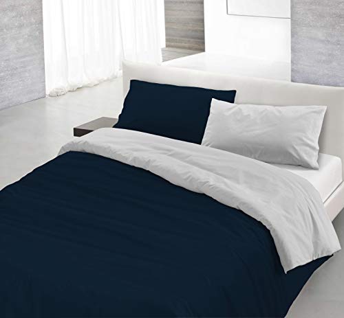 Italian Bed Linen Natural Color Doubleface Bettbezug, 100% Baumwolle, dunkel Blau/hell Grau, kleine Doppelte