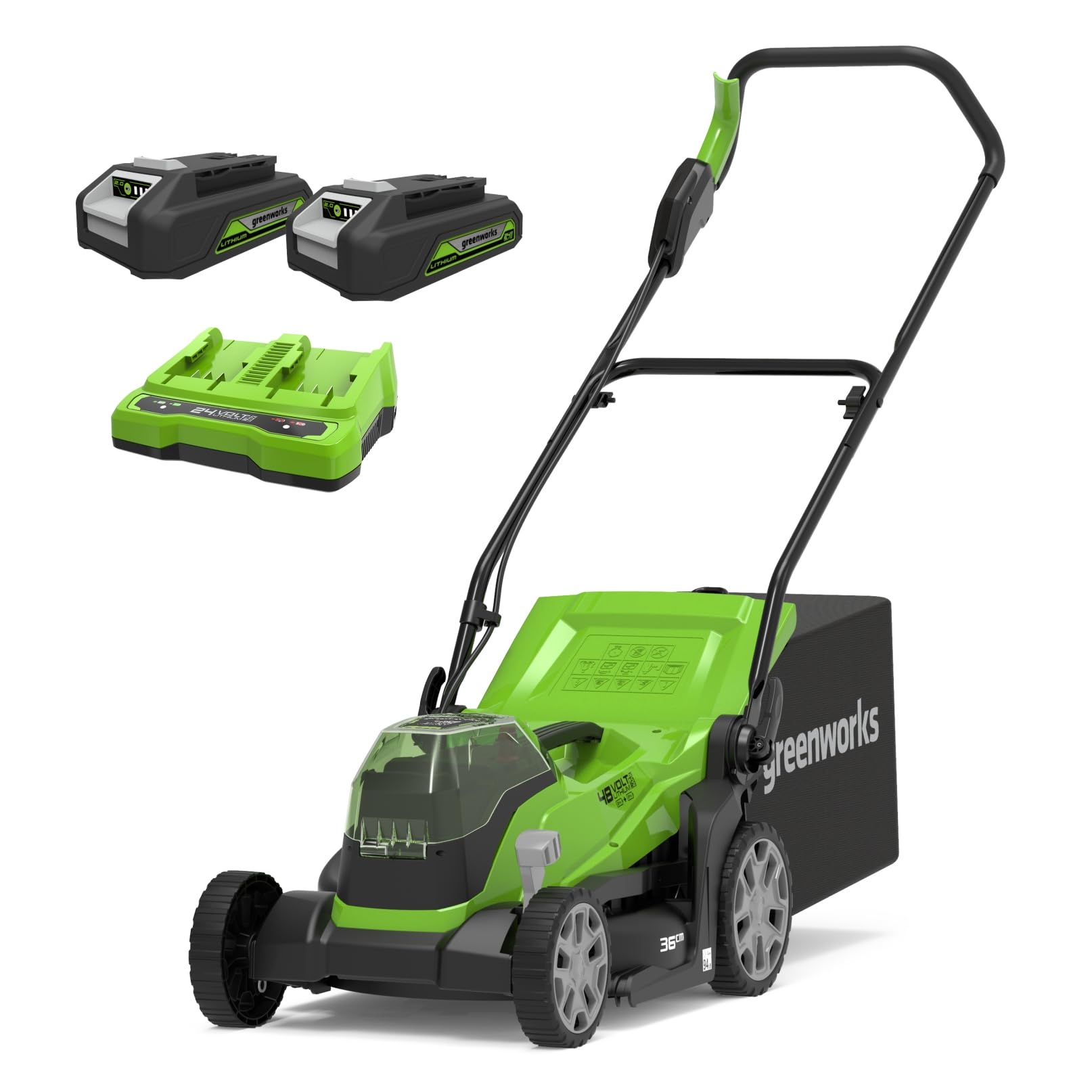 Greenworks G24X2LM36K2X Kabelloser Akku Rasenmäher für Flächen bis zu 210 m², 36 cm Schnittbreite, 40-Liter-Sack PLUS zwei 2 x 24V (entspricht 48V) 2Ah Akkus & Doppelladegerät, 3 Jahre Garantie