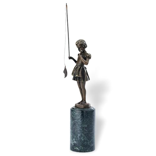 aubaho Bronzeskulptur Mädchen beim Angeln Bronze Marmor Angler Fisch Figur Bronzefigur