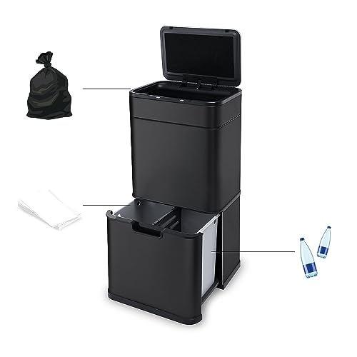 FLINQ Mülleimer Sensor - 3 Fächer Mülltrennsysteme - Abfalleimer mit Deckel mit UV-Lampe - Mülleimer automatisch 60L- Schwarz