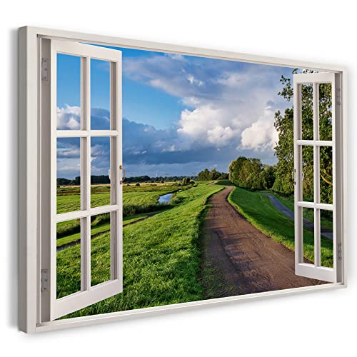 Printistico Leinwandbild (120x80cm) Fensterblick - Landschaft Straße Natur Sommer Wolken - Natur-Fotografie, echter Holz-Keilrahmen inkl. Aufhänger, handgefertigt in Deutschland