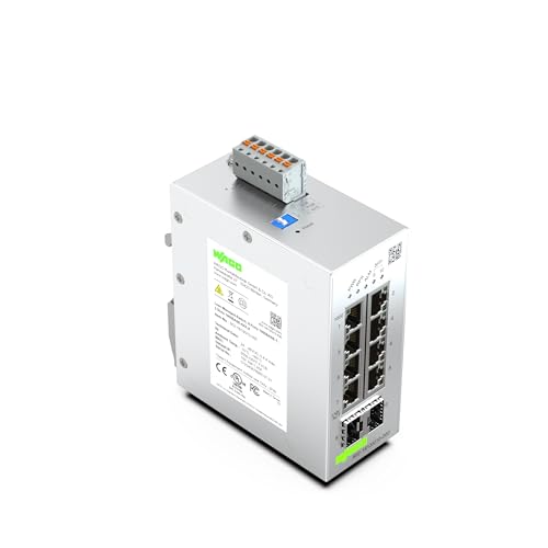 WAGO Industrial-Switch 852-1813 | mit 8 ETHERNET‐Ports 10/100/1000 MBit/s Autonegotiation und Diagnose‐LEDs auf der Vorderseite | 2 x SFP-Slots für Glasfaser | unterstützt bis zu 8000 MAC‐Adressen