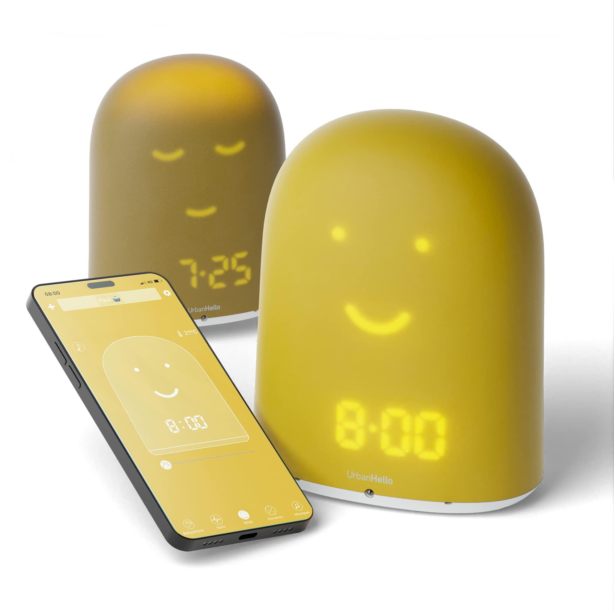 UrbanHello Remi – Wecker Tag Nacht lehrreich und Überwachung des Schlafs – Babyphone Audio mit Lärm-Alarm 5 in1 – Nachtlicht – Lautsprecher Bluetooth – in gelb
