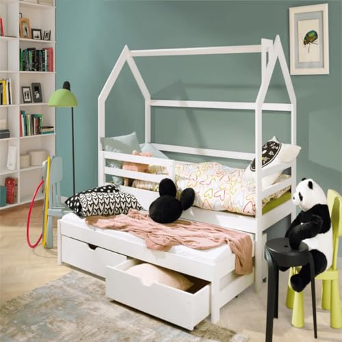 thematys DISNE Hausbett für Kinder in Weiß – Sicher & Zertifiziertes Doppelbett mit Schubladen, 90x200 cm, bis 100 kg, mit Flex-Birkenlattenrost – Zeitloses Kinderbett mit Abnehmbaren Barrieren