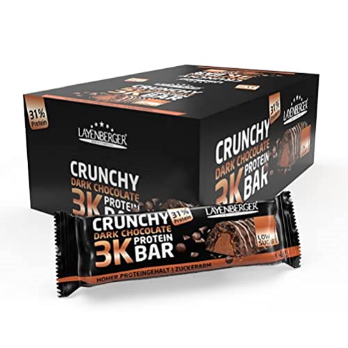 Layenberger 3K Protein Bar Crunchy Dark Chocolate, Protein Riegel mit viel Eiweiß und wenig Kohlenhydraten, nur 0,8 g Zucker, (15 x 45g)