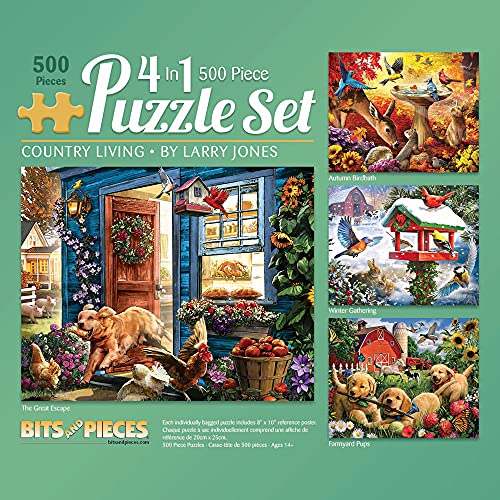 Bits and Pieces,500-teiliges Puzzle für Erwachsene, 45.7x61 cm, Country Living, 4-in-1, vier (4) 500-teiliges Puzzle, Multipack, Herbstblume, Wintervogel, Hundeurlaub, Puzzle von Künstler Larry Jones
