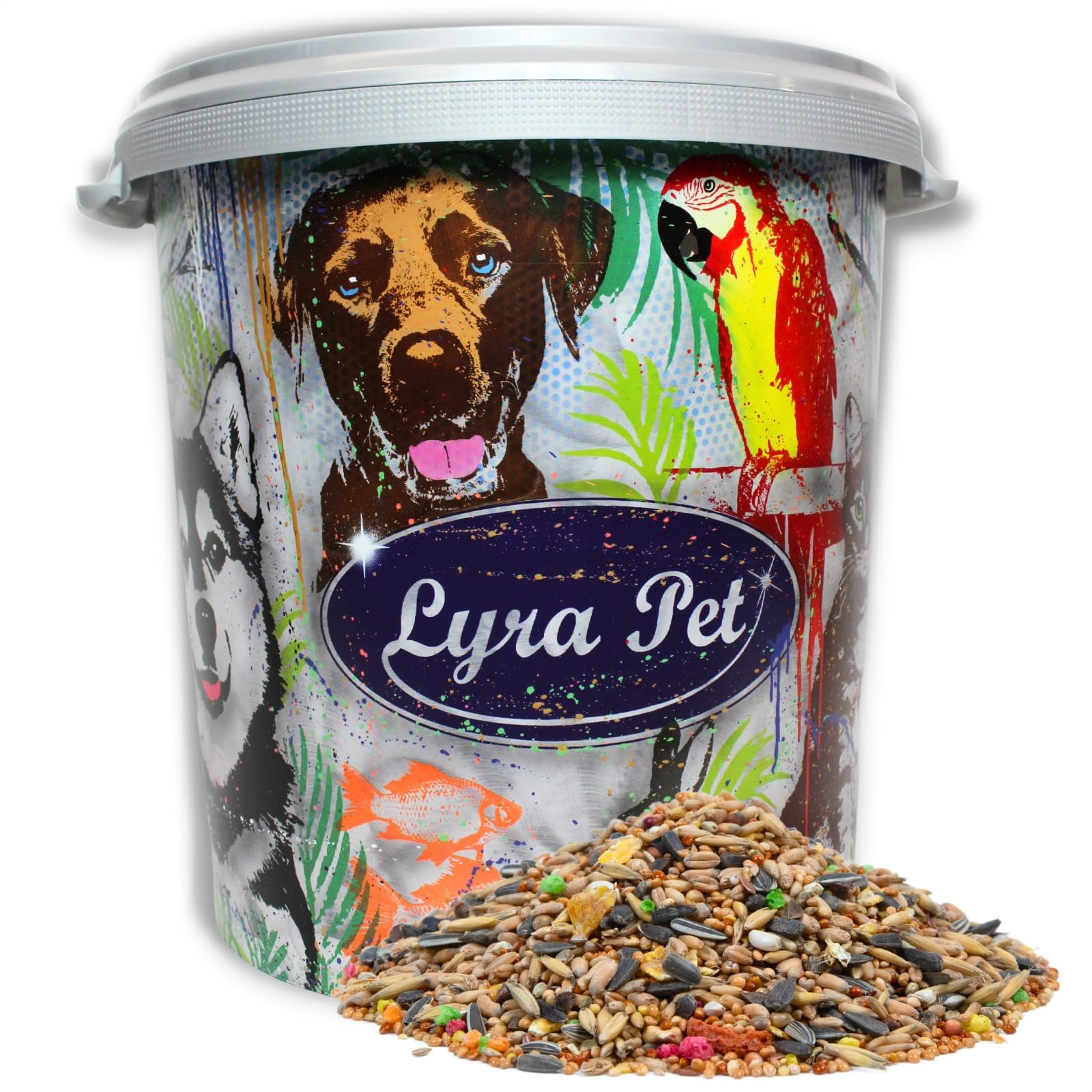 Lyra Pet® | 10 kg Nymphensittichfutter Großsittichfutter + 30 L Tonne | Alleinfutter für Großsittiche | Vogelfutter für Sittiche | Nahrhaftes Futter | Energiespender für Nymphensittiche | Artgerecht