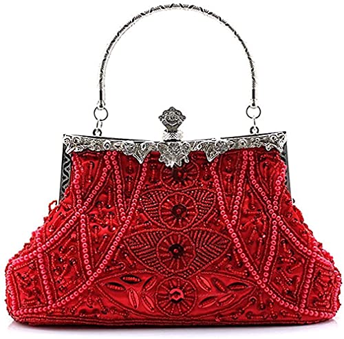 Damen Vintage Perlen Pailletten Abend Handtaschen (Farbe: Rot), rot, Vintage