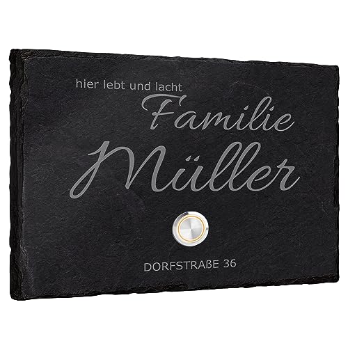 Klingelschild aus Schiefer mit Gravur - personalisierbar - 20x15cm - frei gestaltbar mit vielen Designelementen - mit Klingeltaster - Türklingel Haustür Namensschild