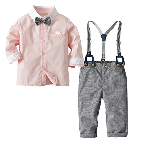 FAMKIT Baby Jungen Kleidung für Gentleman Outfits Kleid Shirt mit Fliege + Strapshose, rose, 110