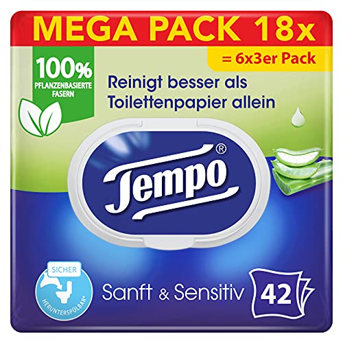 Tempo Toilettenpapier feucht Tempo feuchtes Toilettenpapier sanft&sensitiv Trio-Pack 3x42 Blatt, Großpackung, 1000 kg