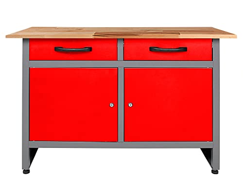 Ondis24 Montagewerkbank Werkstatteinrichtung Werkbank 120cm Werktisch rot mit 2 kugelgelagerten Schubladen & 2 abschließbaren Türen, TÜV geprüft