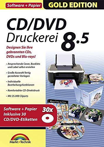 Markt & Technik CD/DVD Druckerei 8.5 mit Papier Vollversion, 1 Lizenz Windows Multimedia-Software, E