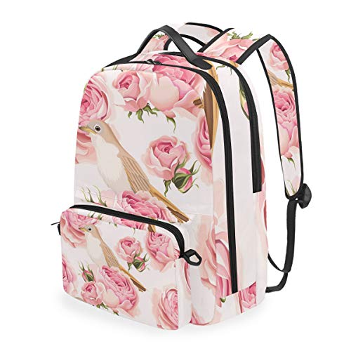 MONTOJ Campus-Rucksack mit abnehmbarer Kreuztasche, Pink mit Blumen und Vögeln