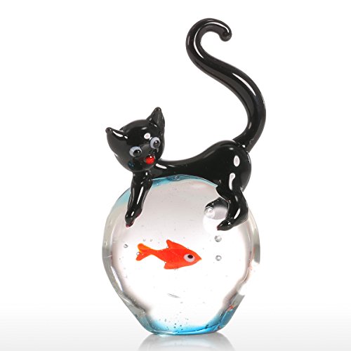 Tooarts Glasskulptur Dekofigur Tier Skulptur aus Glas Katze und Goldfisch Handarbeit