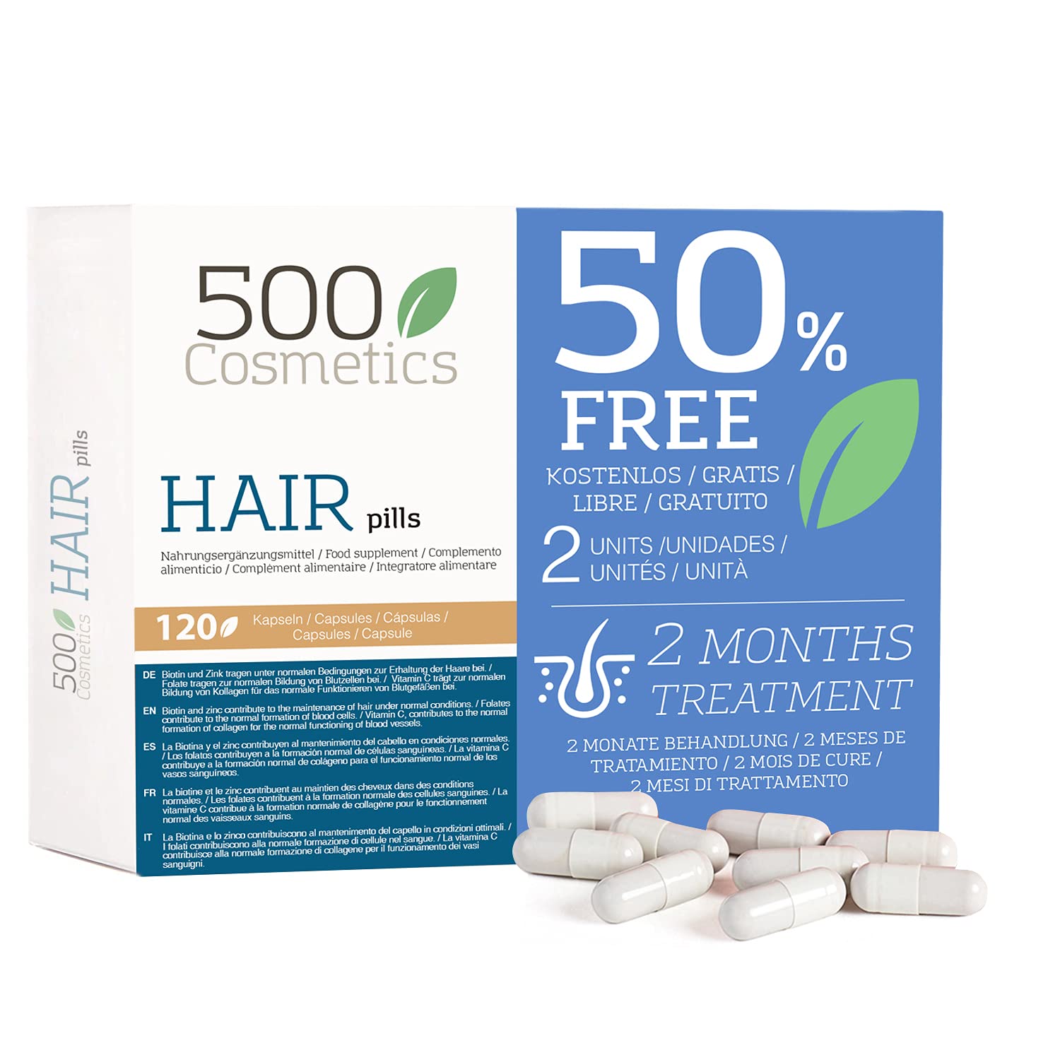 500Cosmetics Hair- Natürliche Kapseln zur Vorbeugung und Verhinderung von Haarausfall mit L-Cystein und Zink – Für Mann und Frau (2) 120 Kapseln