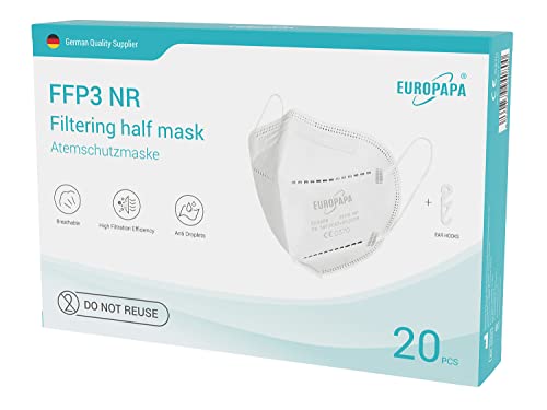 EUROPAPA 40x FFP3 Weiss Masken Atemschutzmaske 5-Lagen Staubschutzmasken hygienisch einzelverpackt Stelle zertifiziert EN149:2001+A1:2009 Mundschutzmaske EU2016/425