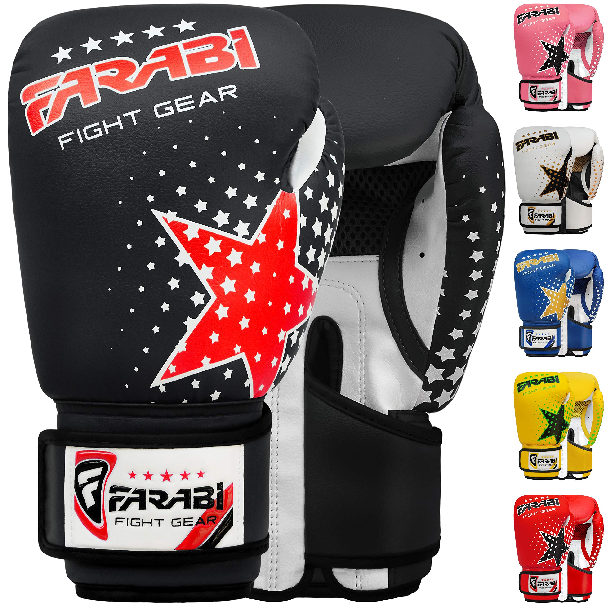 Farabi Kinder Boxhandschuhe 6-Unzen, Kickboxen Muay Thai Training MMA Sparring Handschuhe, Beste Handschuhe für das Training auf Boxsack, Fokus Pads Übung (Black, 6-oz)