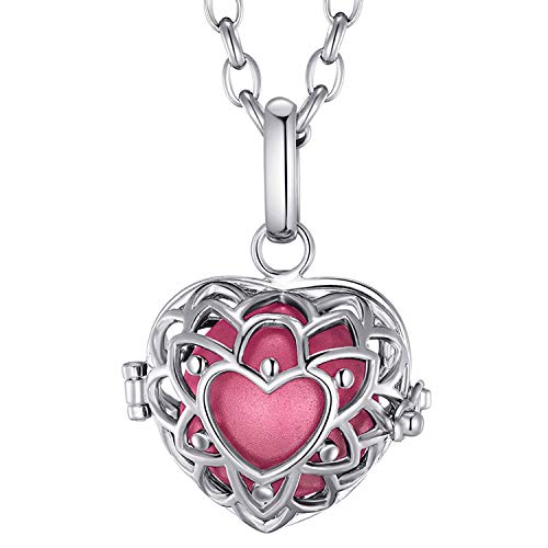 Morella Damen Halskette Edelstahl 70 cm mit Herzform Anhänger und Klangkugel rosa Ø 16 mm in Schmuckbeutel