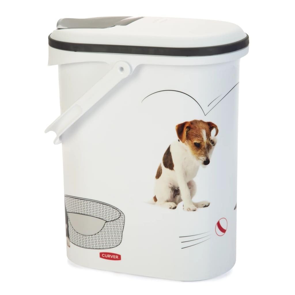 Curver Hundefutterbehälter 10L – Luftdichte kompakte Futterbox für Trockenfutter – Bis zu 4kg Kapazität, Leichte Entnahme - für Hunde oder andere Haustiere – Weiß mit Hundemotiv