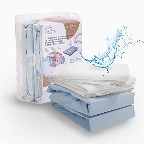 ALCUBE 4er Set aus wasserdichter Matratzenauflage und Baumwoll-Spannbettlaken für Baby und Kinder - Verschiedene Größen - (blau 90x200 cm)