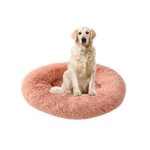 Plüsch-Katzen-Hundebett, beruhigendes Hundebett für kleine/mittlere/große Katzen und Hunde, rundes Donut-Haustiernest mit rutschfestem, waschbarem, warmem Haustierkissen, Anti-Angst-Haustierbett, 90 cm, Rosa
