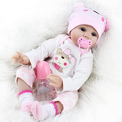 Lebensecht Reborn Babys Doll Puppen Silikon Mädchen WiederGeboren Reborn Babypuppen Rosa Bär Outfit Realistische 55 cm Puppe Kinder Spielzeug 22 Zoll