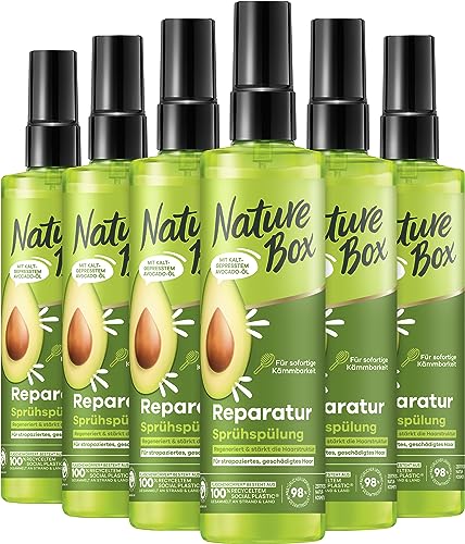 Nature Box Sprüh-Spülung Reparatur (200 ml), Hair Repair Spülung zum Sprühen mit Avocado-Öl repariert das Haar schnell und einfach, Flasche aus 100% Social Plastic, 6x 200 ml