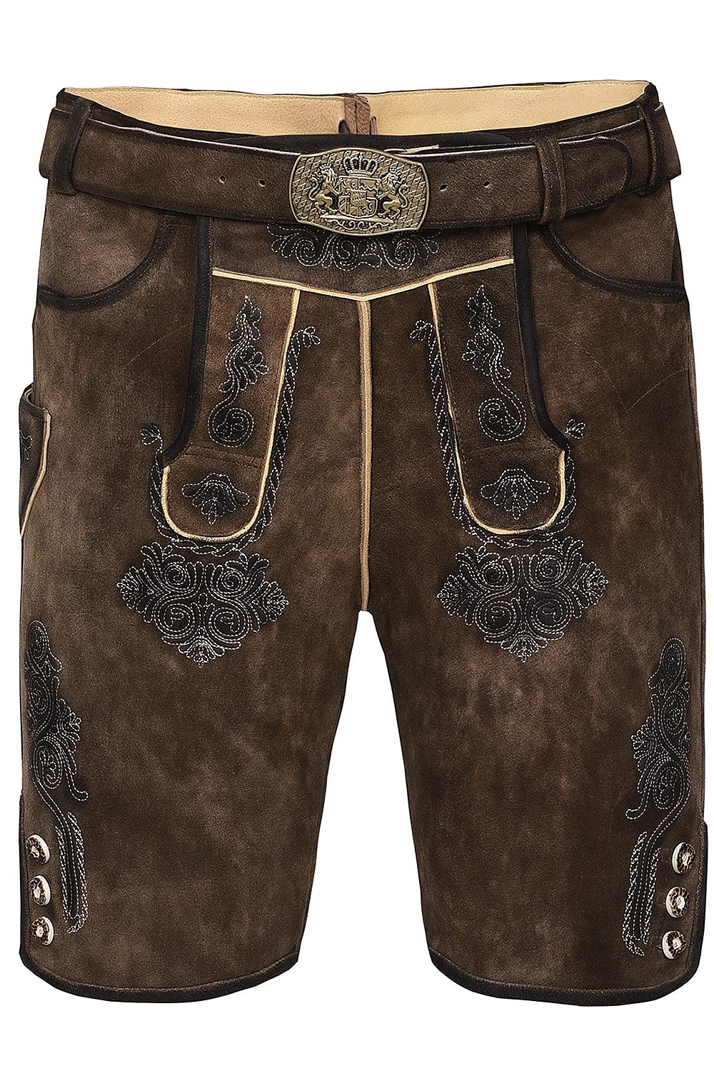 Edelnice Trachtenmode Bayerische Traditionelle Kurze Lederhose Fabian mit passendem Trachtengürtel aus Ziegenleder Gr. 46-64 (66) Braun