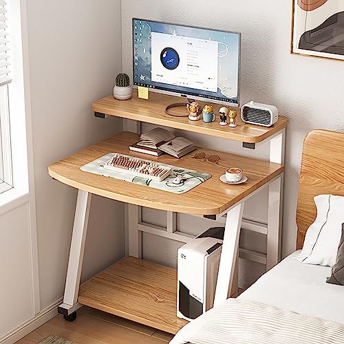 KAZUP Rollbarer Computertisch auf Rollen, Schreibtisch-Arbeitsplatz mit Monitorständer, Tastaturablage, moderner PC-Laptop-Arbeitstisch mit Regalen für kleine Räume zu Hause und im Büro (74 x 50 x