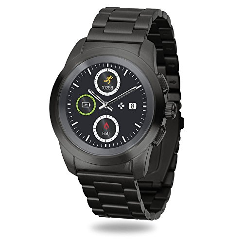MyKronoz ZeTime Elite hybride Smartwatch 44mm mit mechanischen Zeigern über einen runden Farbtouchscreen – Regular Matt Schwarz / Metall Link