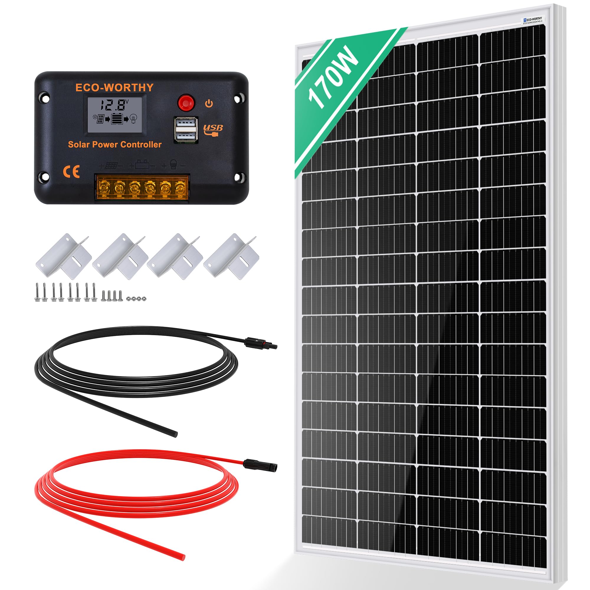 ECO-WORTHY Monokristallines Solarpanel Solarzelle kit 170W enthält 12V Solarmodul + 30 A Solarladeregler + 5m Solarkabel + Z-Befestigungsklammern für Wohnmobil,Wohnwagen,Haushalt und Off-Grid-System