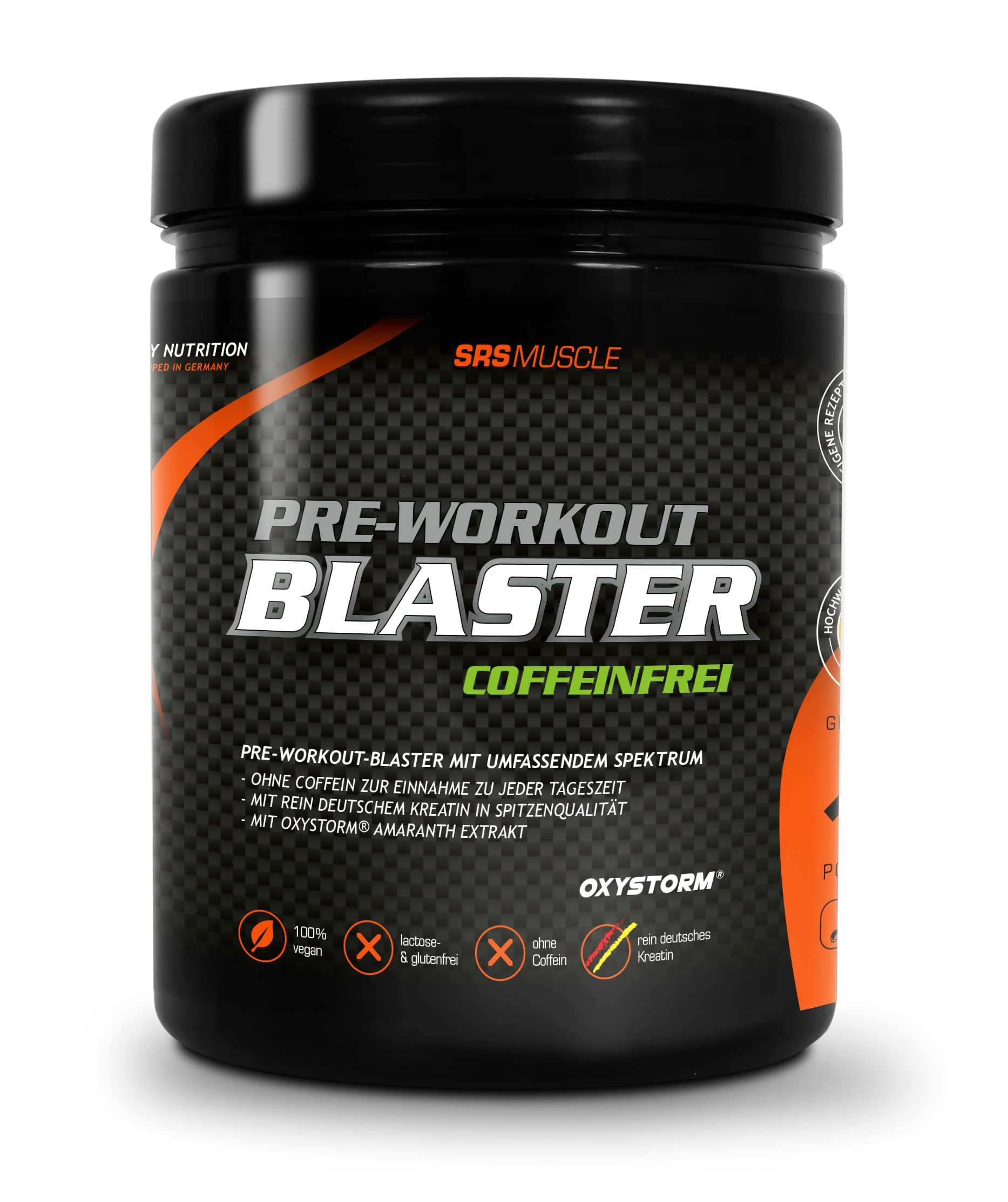 SRS Muscle - Blaster | Pre-Workout Booster ohne Coffein | Alleskönner für Pump, Fokus, Power | vegan | deutsche Premiumqualität (Orange-Maracuja)