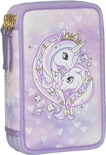 BECKMANN, 3-fächrige Federmappe Unicorn Princess Purple, mit Inhalt, Mäppchen Federtasche, Grundschule, 1. Klasse, Purple