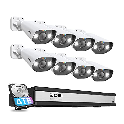 ZOSI 4K Überwachungskamera Aussen Set mit Audioaufnehmen, Smarter Videoüberwachung mit 16CH 4TB HDD NVR und 8X 8MP POE Kamera kabelgebunden